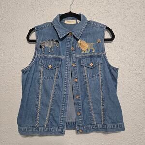Lemon Grass Button Up Art To Wear Sleeveless Vest Womens M Animal‎ Embroidered